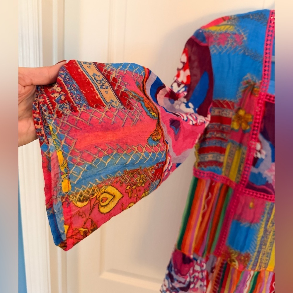 CALESSA S Fiesta Patchwork Print Boho Square-Neck 3/4 Bell Cuff Sleeve Blouse - Picture 2 of 13